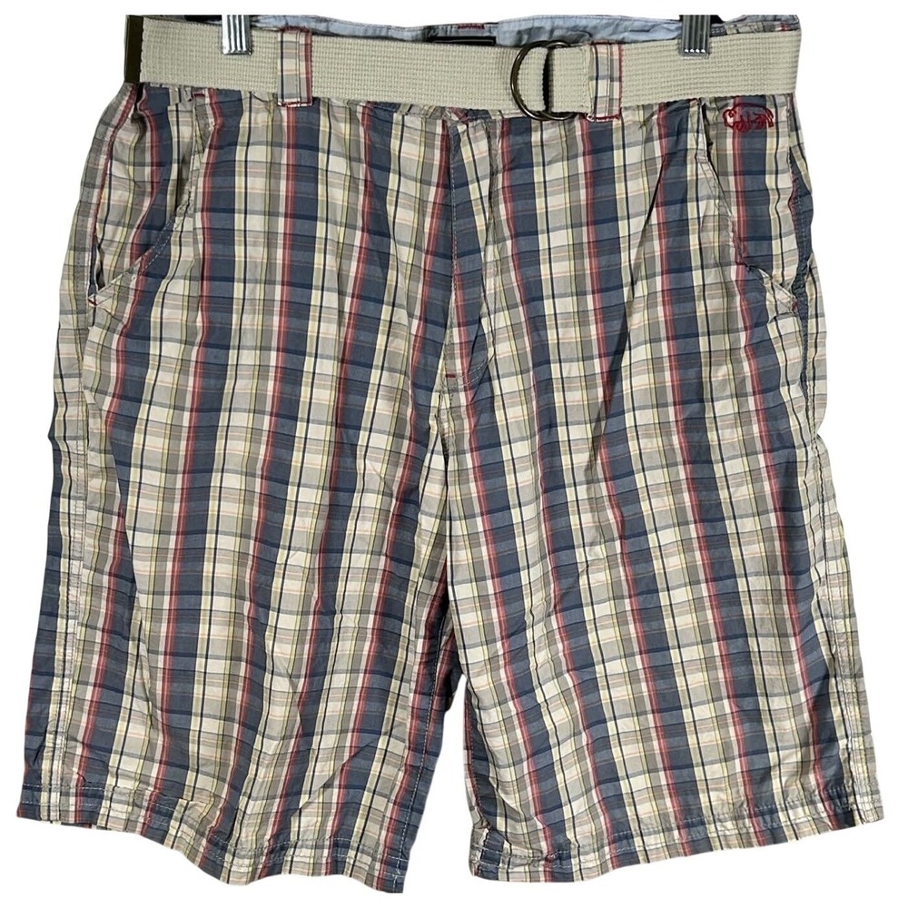Buffalo‎ David Bitton Shorts Men's Size 36 Blue Red White Plaid Tan Belt Casual